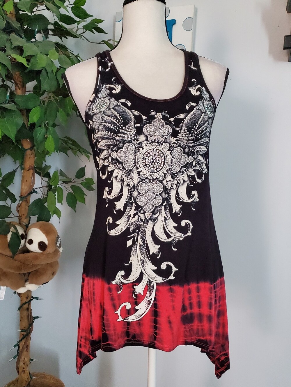 VOCAL Vintage Y2K Crystal Embellished Tie Dye Tunic Tank L